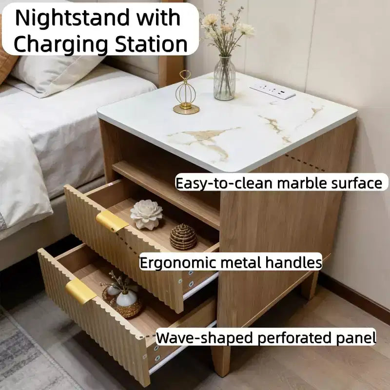 Nightstand, 3-in-1 Bedside Table, 2 Drawer Nightstand, Modern Curved Night Stand, for Living Room, Bedroom