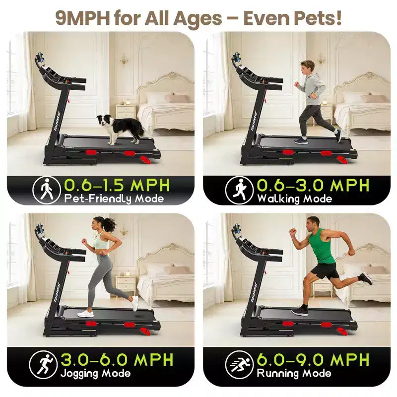 Tapis roulant pieghevole compatto per casa con motore da 3,75 HP, controllo tramite app, Bluetooth, inclinazione del 10%, capacità 150 kg