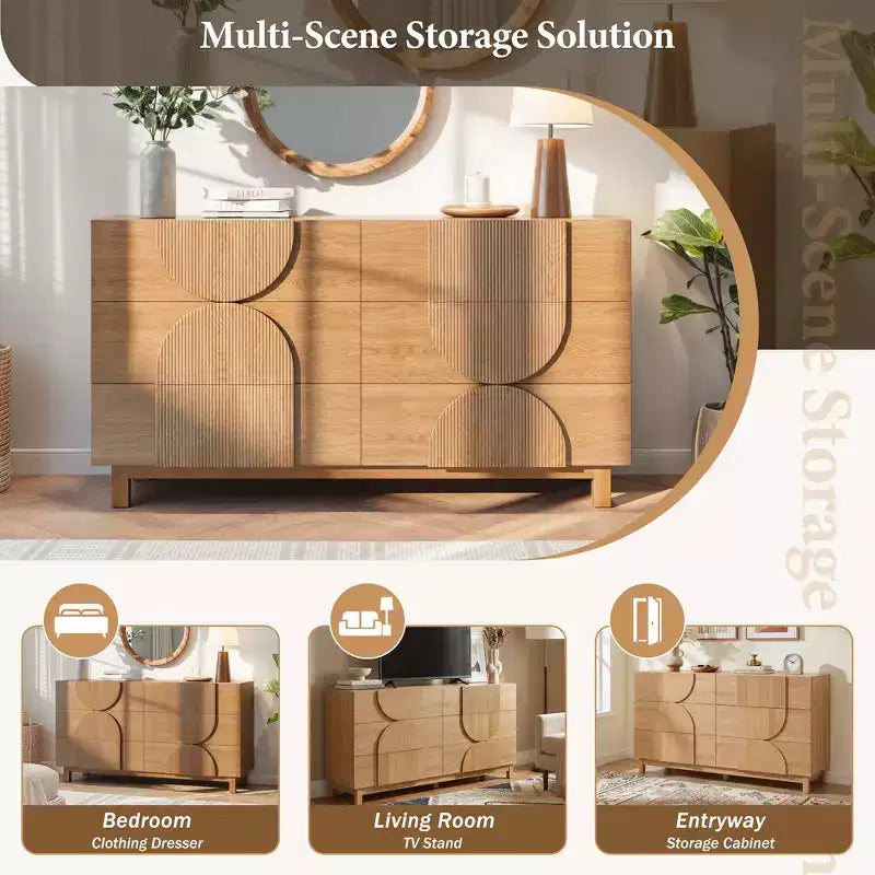 Whisen 6-Drawer Modern Geometric Dresser, Half-Circle Accent Wide Storage Chest for Bedroom & Living Room