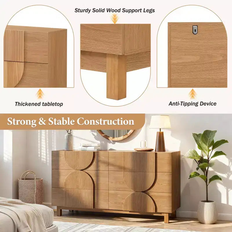 Whisen 6-Drawer Modern Geometric Dresser, Half-Circle Accent Wide Storage Chest for Bedroom & Living Room