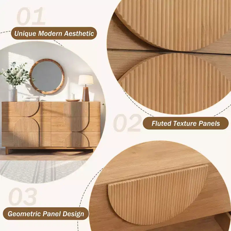 Whisen 6-Drawer Modern Geometric Dresser, Half-Circle Accent Wide Storage Chest for Bedroom & Living Room