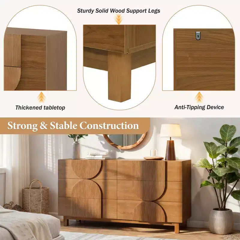 Whisen 6-Drawer Modern Geometric Dresser, Half-Circle Accent Wide Storage Chest for Bedroom & Living Room