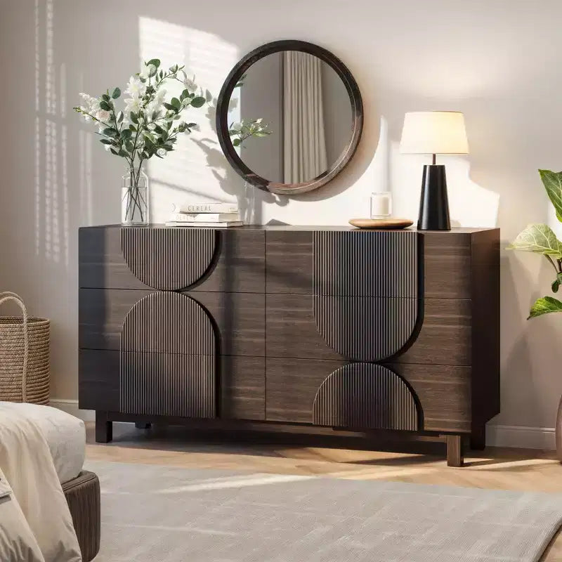 Whisen 6-Drawer Modern Geometric Dresser, Half-Circle Accent Wide Storage Chest for Bedroom & Living Room