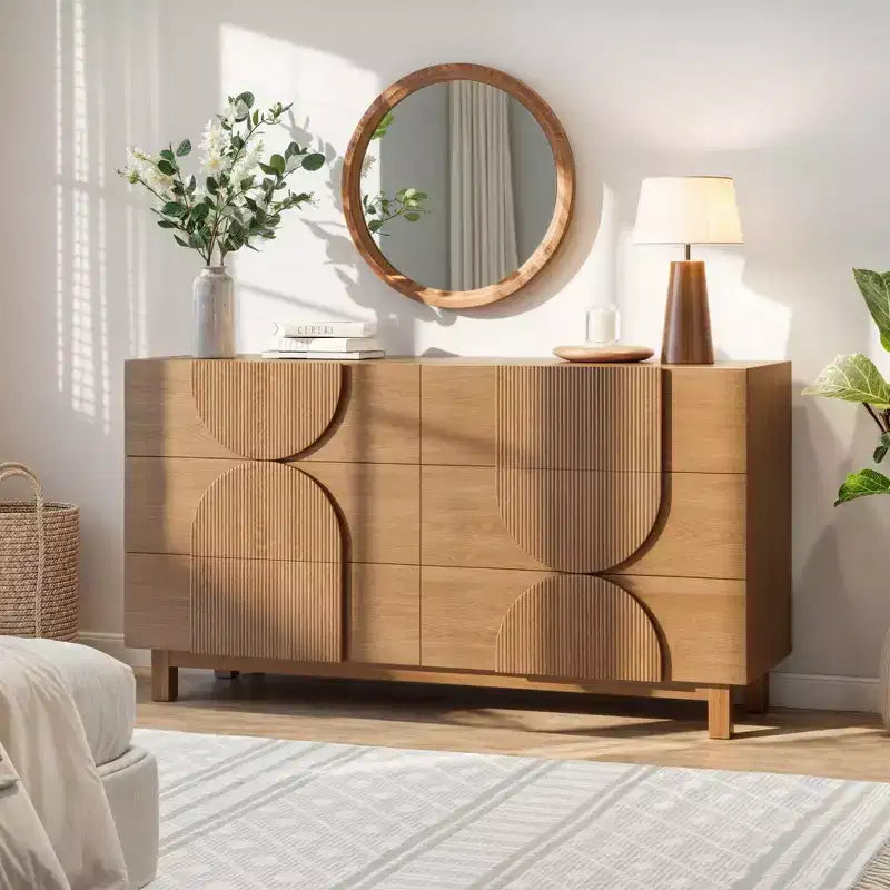 Whisen 6-Drawer Modern Geometric Dresser, Half-Circle Accent Wide Storage Chest for Bedroom & Living Room