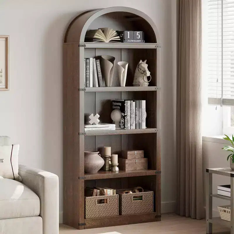 Bookcase 5 Shelf Arched Bookshelf 71.65 in Tall Bookcase Farmhouse Display Storage Rack Wooden Bookshelves for Home Office, Living Room