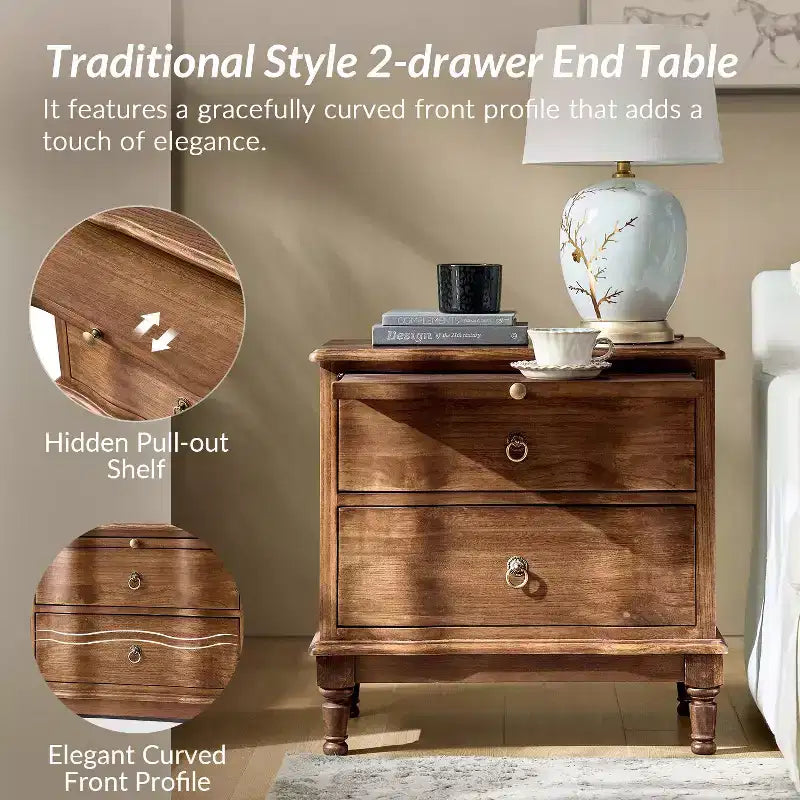 Honorio Traditional 2-Drawer Solid Wood End Table with Built-In Outlet|HULALA HOME