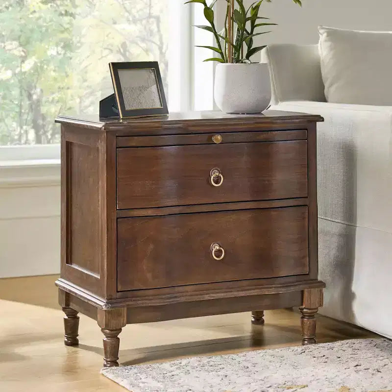 Honorio Traditional 2-Drawer Solid Wood End Table with Built-In Outlet|HULALA HOME