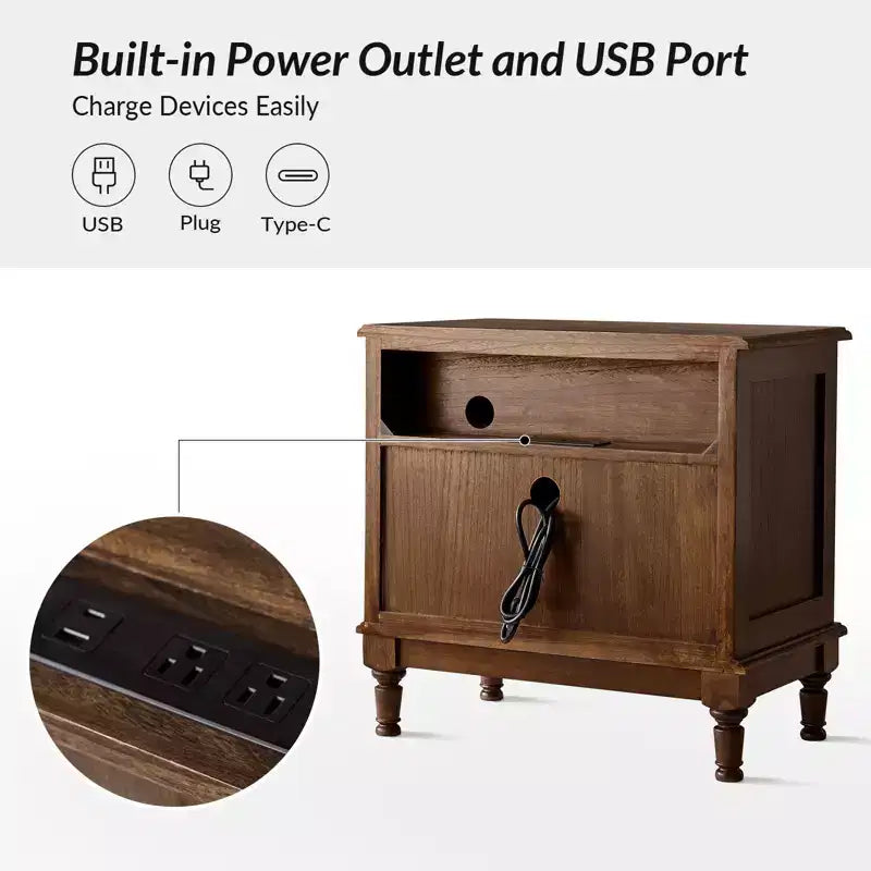 Honorio Traditional 2-Drawer Solid Wood End Table with Built-In Outlet|HULALA HOME