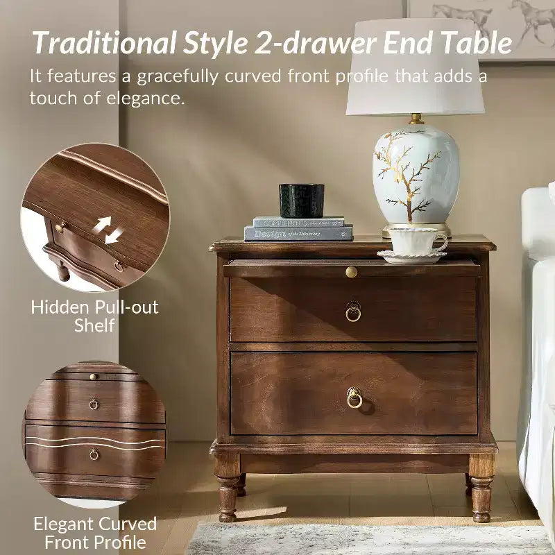 Honorio Traditional 2-Drawer Solid Wood End Table with Built-In Outlet|HULALA HOME