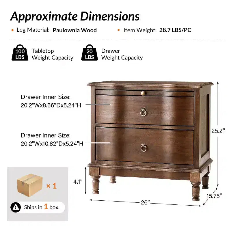 Honorio Traditional 2-Drawer Solid Wood End Table with Built-In Outlet|HULALA HOME