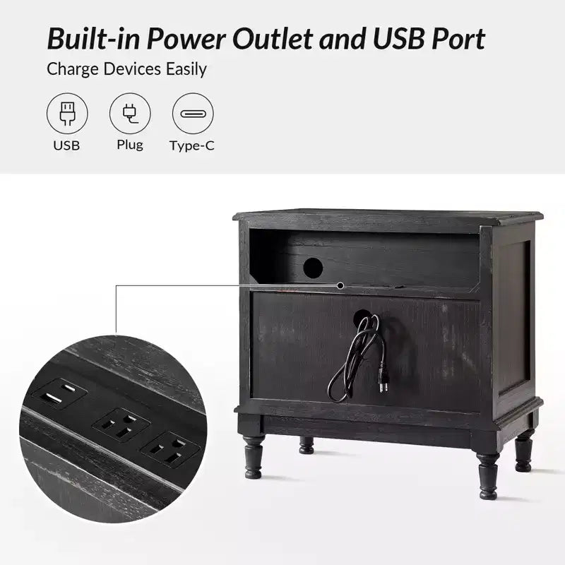 Honorio Traditional 2-Drawer Solid Wood End Table with Built-In Outlet|HULALA HOME