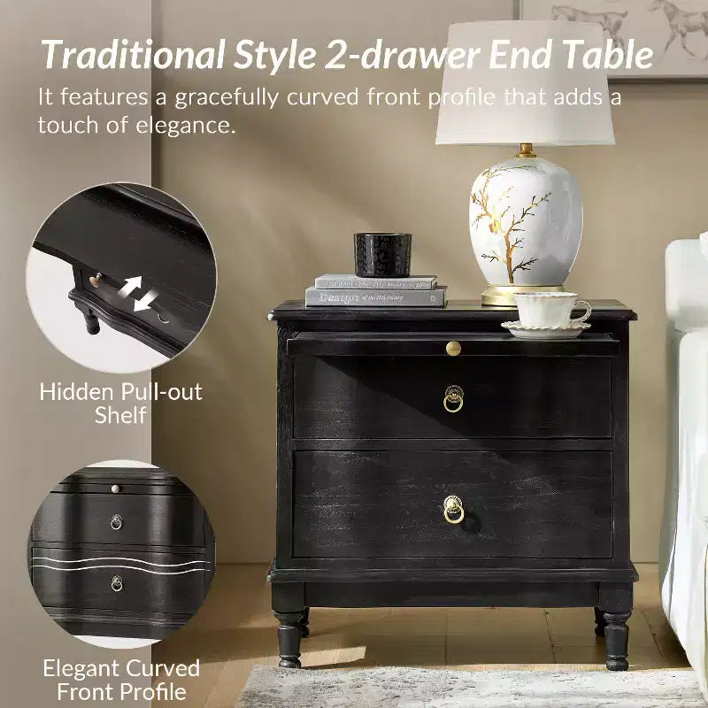 Honorio Traditional 2-Drawer Solid Wood End Table with Built-In Outlet|HULALA HOME