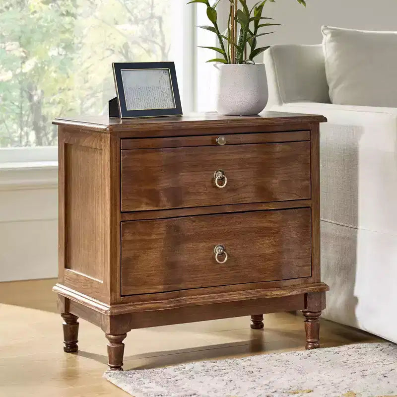 Honorio Traditional 2-Drawer Solid Wood End Table with Built-In Outlet|HULALA HOME