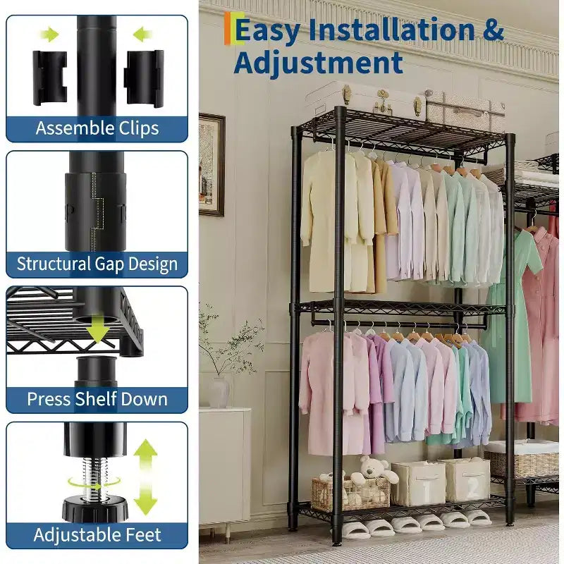 Heavy Duty Freestanding Garment Rack,3-Tier Portable Closet Organizer,Adjustable Shelves & Hanging Rods,Large Capacity Metal Clothing Storage
