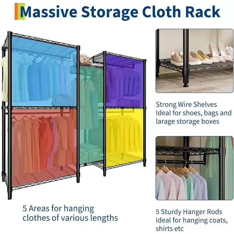Heavy Duty Freestanding Garment Rack,3-Tier Portable Closet Organizer,Adjustable Shelves & Hanging Rods,Large Capacity Metal Clothing Storage