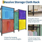 Heavy Duty Freestanding Garment Rack,3-Tier Portable Closet Organizer,Adjustable Shelves & Hanging Rods,Large Capacity Metal Clothing Storage