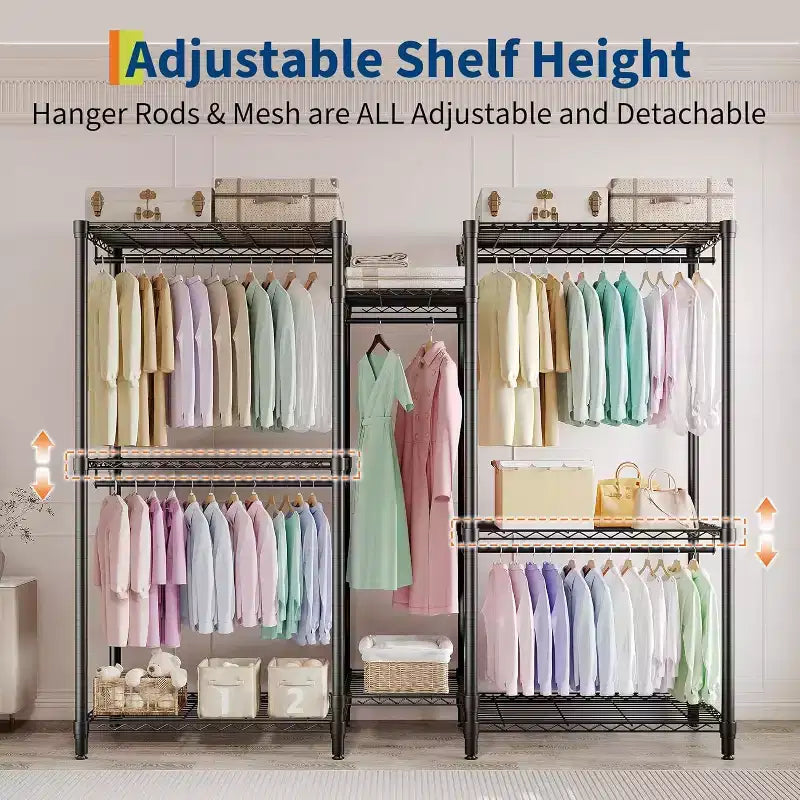 Heavy Duty Freestanding Garment Rack,3-Tier Portable Closet Organizer,Adjustable Shelves & Hanging Rods,Large Capacity Metal Clothing Storage