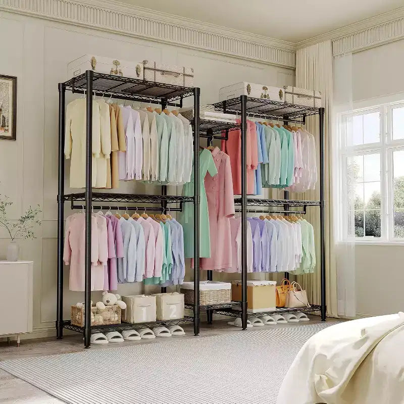 Heavy Duty Freestanding Garment Rack,3-Tier Portable Closet Organizer,Adjustable Shelves & Hanging Rods,Large Capacity Metal Clothing Storage