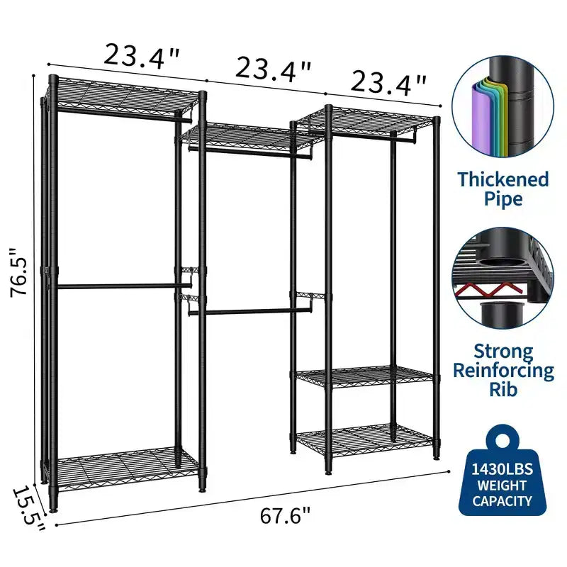 Heavy Duty Freestanding Garment Rack,3-Tier Portable Closet Organizer,Adjustable Shelves & Hanging Rods,Large Capacity Metal Clothing Storage