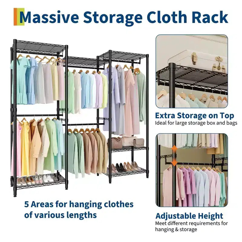 Heavy Duty Freestanding Garment Rack,3-Tier Portable Closet Organizer,Adjustable Shelves & Hanging Rods,Large Capacity Metal Clothing Storage