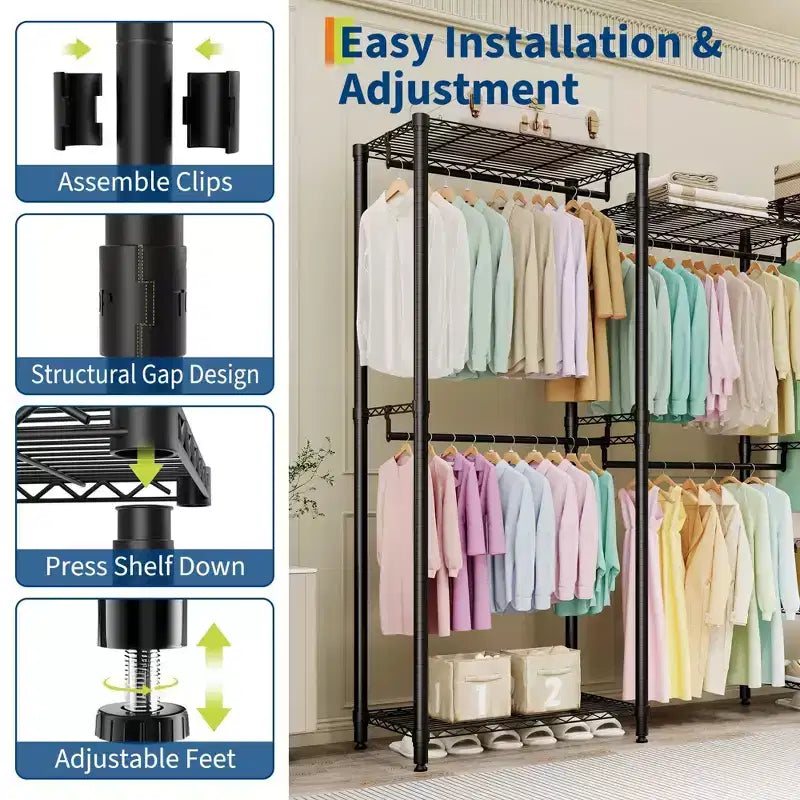 Heavy Duty Freestanding Garment Rack,3-Tier Portable Closet Organizer,Adjustable Shelves & Hanging Rods,Large Capacity Metal Clothing Storage