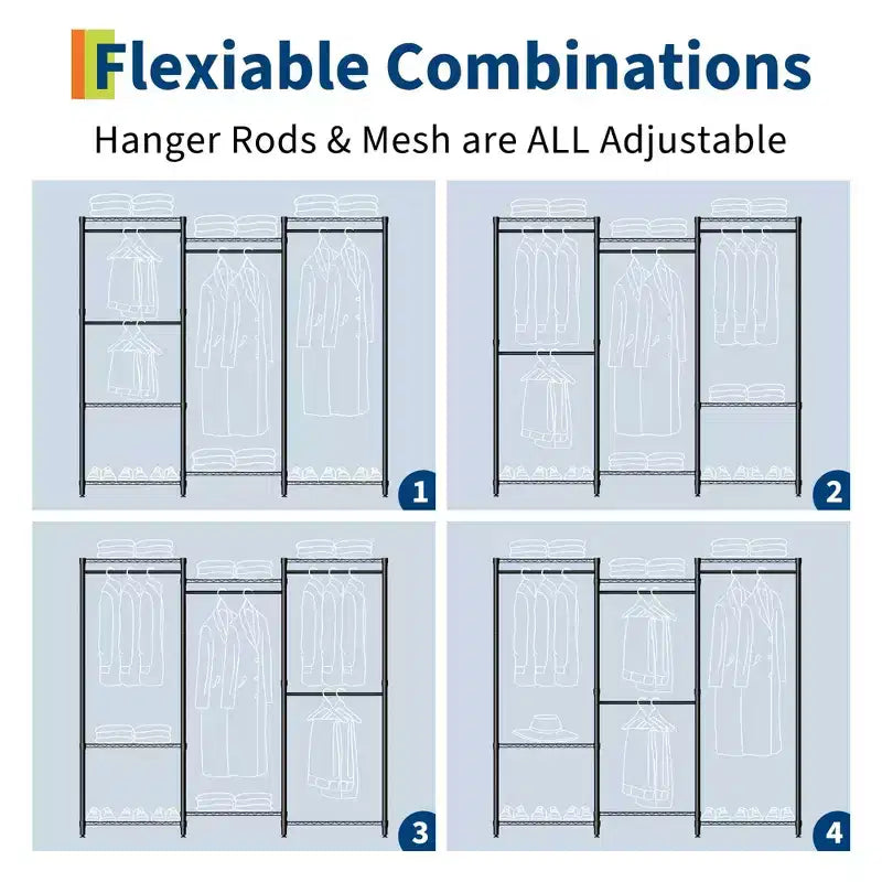 Heavy Duty Freestanding Garment Rack,3-Tier Portable Closet Organizer,Adjustable Shelves & Hanging Rods,Large Capacity Metal Clothing Storage