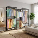 Heavy Duty Freestanding Garment Rack,3-Tier Portable Closet Organizer,Adjustable Shelves & Hanging Rods,Large Capacity Metal Clothing Storage