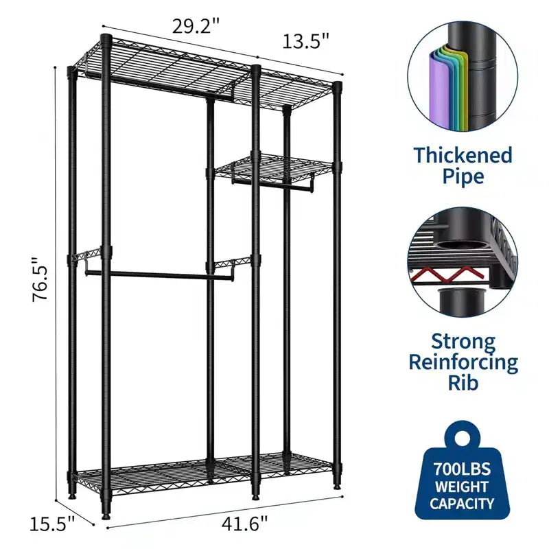 Heavy Duty Freestanding Garment Rack,3-Tier Portable Closet Organizer,Adjustable Shelves & Hanging Rods,Large Capacity Metal Clothing Storage