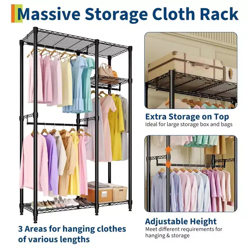 Heavy Duty Freestanding Garment Rack,3-Tier Portable Closet Organizer,Adjustable Shelves & Hanging Rods,Large Capacity Metal Clothing Storage