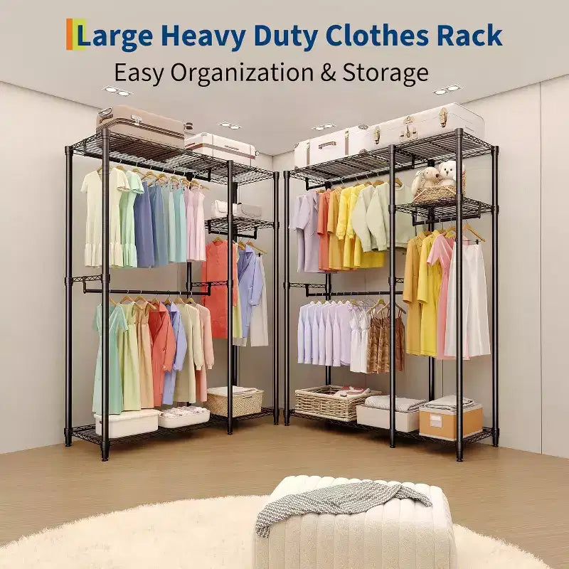Heavy Duty Freestanding Garment Rack,3-Tier Portable Closet Organizer,Adjustable Shelves & Hanging Rods,Large Capacity Metal Clothing Storage