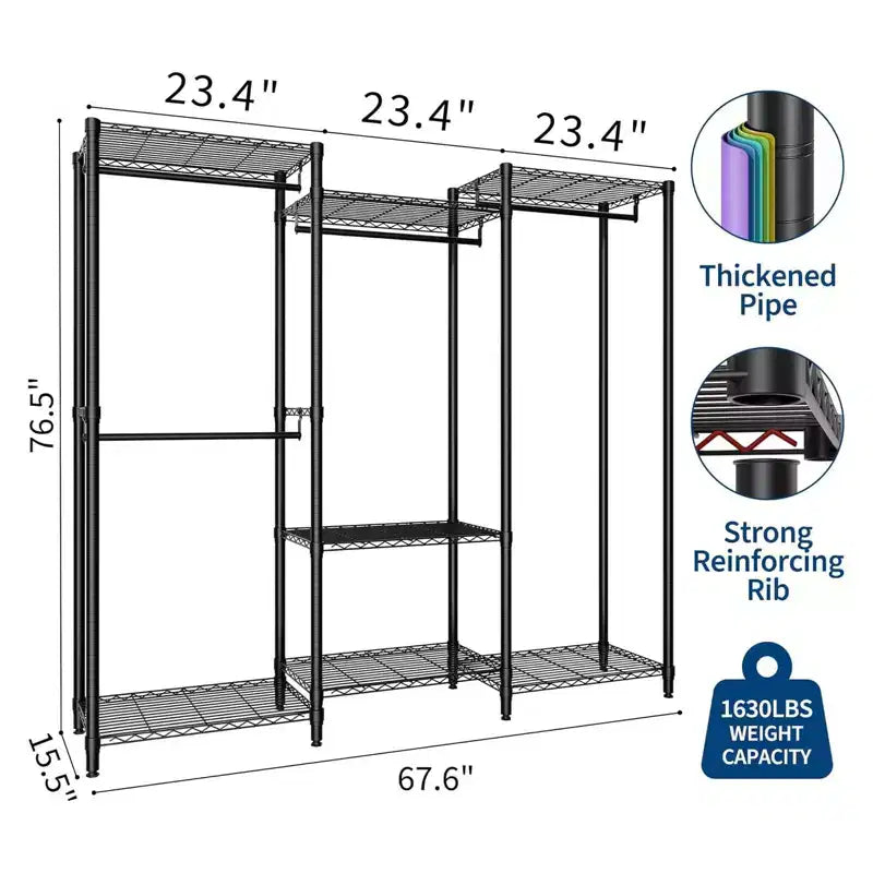 Heavy Duty Freestanding Garment Rack,3-Tier Portable Closet Organizer,Adjustable Shelves & Hanging Rods,Large Capacity Metal Clothing Storage