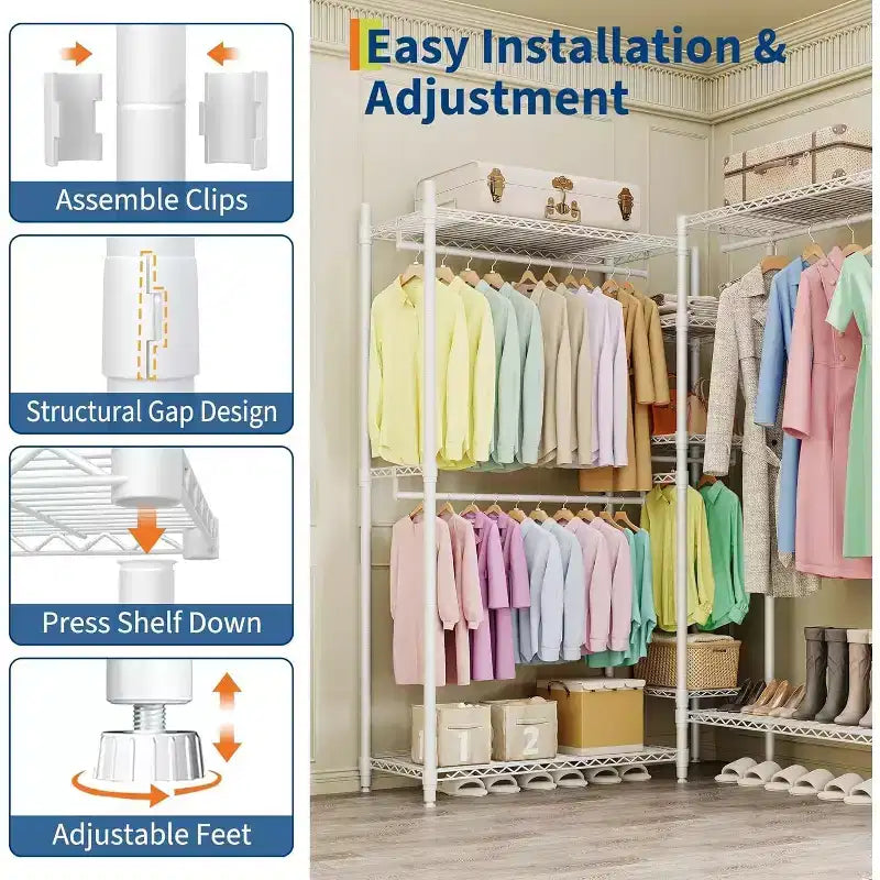 Heavy Duty Freestanding Garment Rack,3-Tier Portable Closet Organizer,Adjustable Shelves & Hanging Rods,Large Capacity Metal Clothing Storage