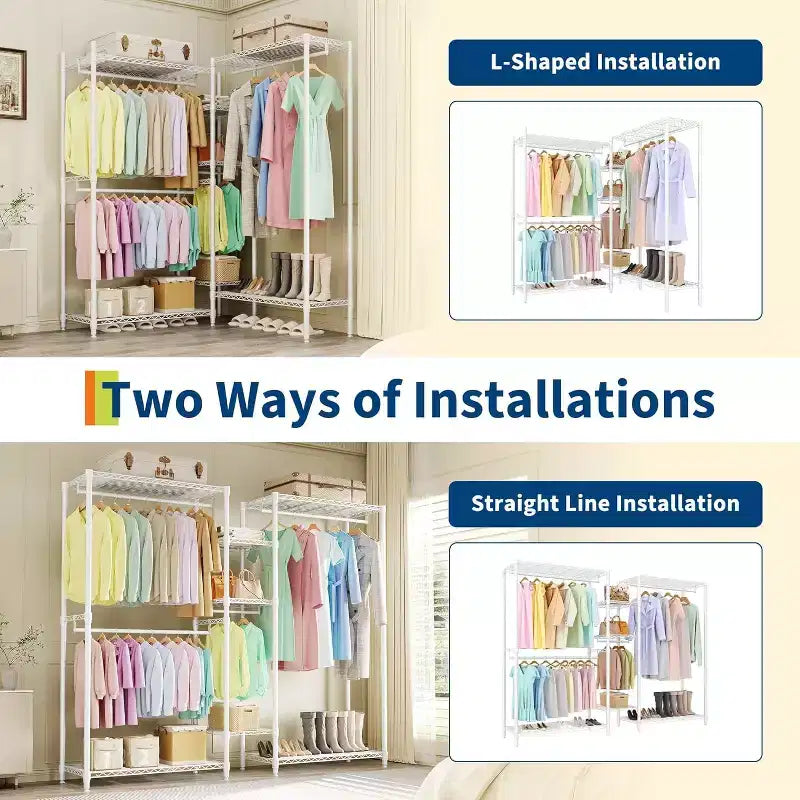 Heavy Duty Freestanding Garment Rack,3-Tier Portable Closet Organizer,Adjustable Shelves & Hanging Rods,Large Capacity Metal Clothing Storage