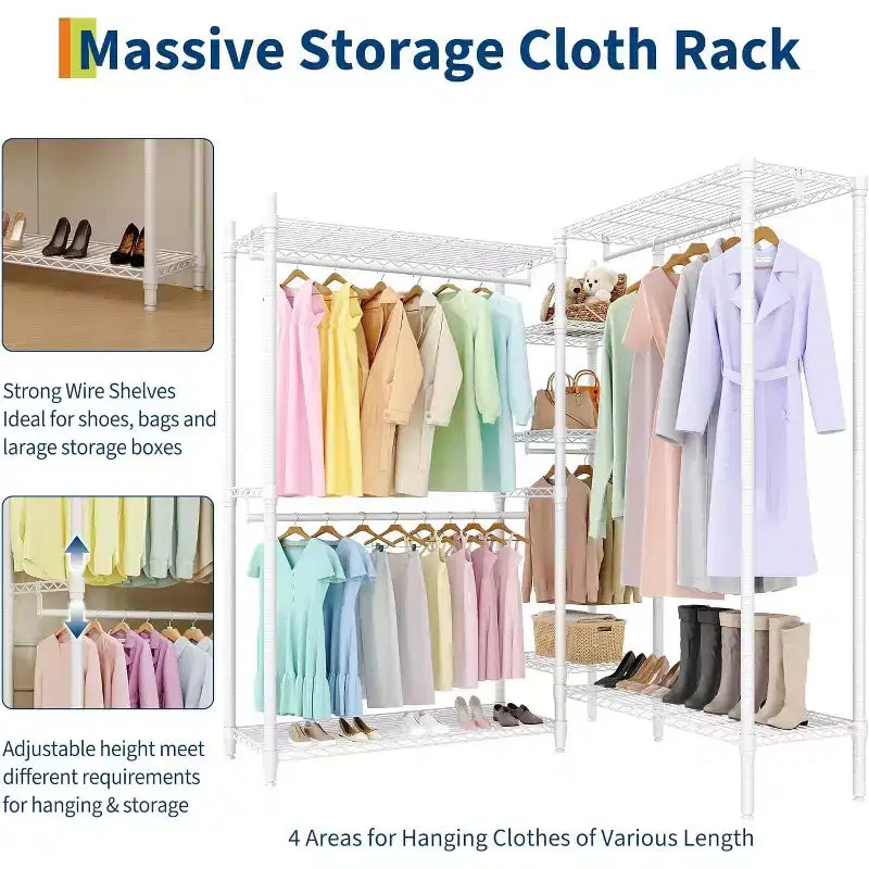 Heavy Duty Freestanding Garment Rack,3-Tier Portable Closet Organizer,Adjustable Shelves & Hanging Rods,Large Capacity Metal Clothing Storage