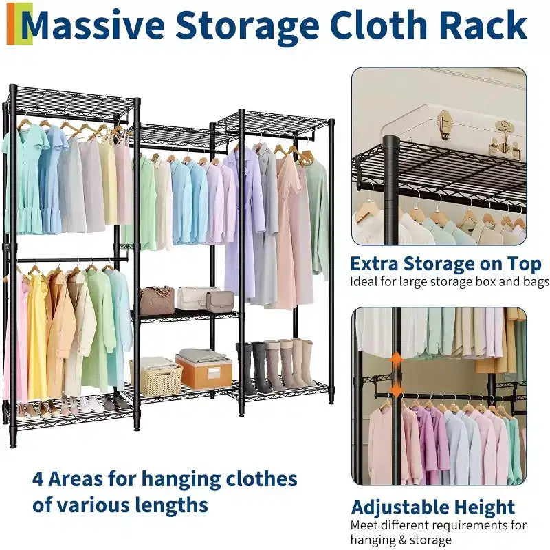 Heavy Duty Freestanding Garment Rack,3-Tier Portable Closet Organizer,Adjustable Shelves & Hanging Rods,Large Capacity Metal Clothing Storage