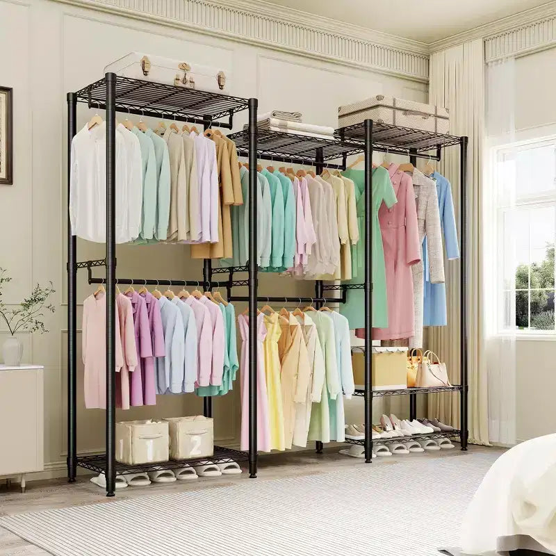 Heavy Duty Freestanding Garment Rack,3-Tier Portable Closet Organizer,Adjustable Shelves & Hanging Rods,Large Capacity Metal Clothing Storage