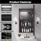FAMYYT 16 in. W x 28 in. H Rectangular Iron Medicine Cabinet with Mirror, Dimmable LED Light, Anti-Fog and Outlets - Fully Assembled