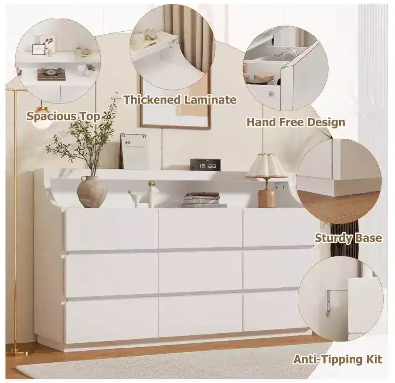 Comò in legno a 9 cassetti da 59 pollici - Cassettiera moderna per camera da letto, soggiorno, corridoio e ingresso
