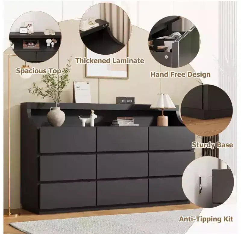 Comò in legno a 9 cassetti da 59 pollici - Cassettiera moderna per camera da letto, soggiorno, corridoio e ingresso