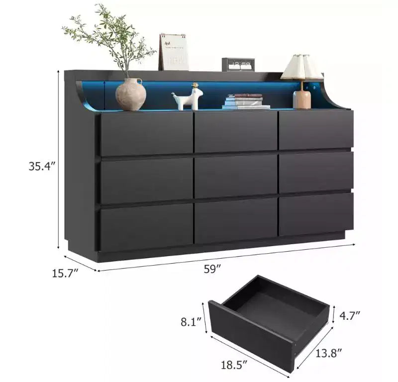 Comò in legno a 9 cassetti da 59 pollici - Cassettiera moderna per camera da letto, soggiorno, corridoio e ingresso
