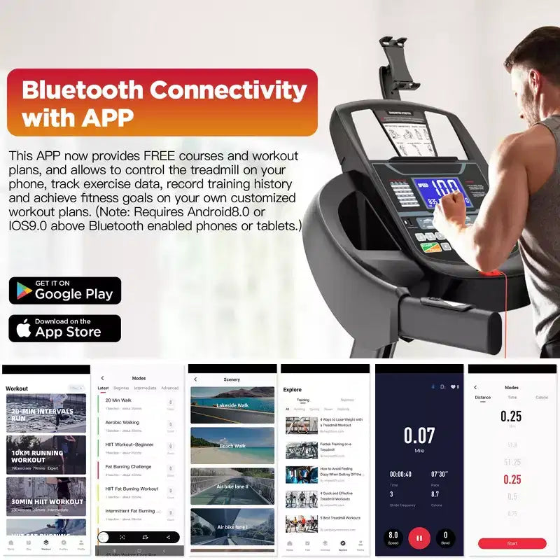 Sgombero Tapis Roulant: Tapis Roulant Pieghevole Portatile con Inclinazione Regolabile del 20%, Controllo tramite APP, 71 Programmi, Capacità 136-181 kg, 19 km/h, Altoparlanti Bluetooth
