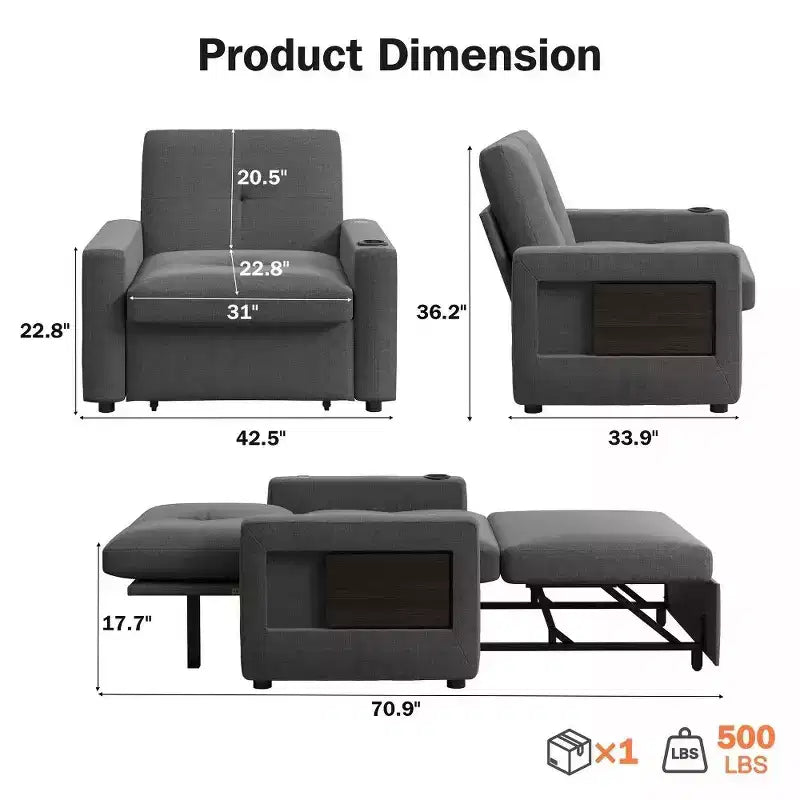 Dyonery 42.5 3-in-1 Convertible Sleeper Chair Bed - Pull Out Reclining Sofa Bed with Adjustable Backrest, USB Charging Ports, Cup Holder
