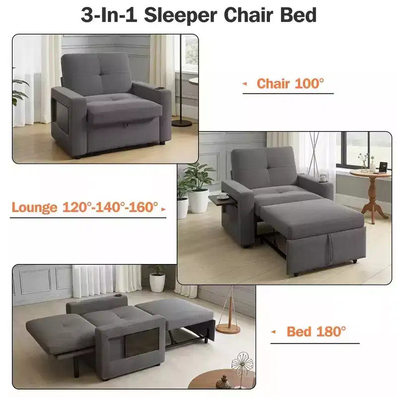 Dyonery 42.5 3-in-1 Convertible Sleeper Chair Bed - Pull Out Reclining Sofa Bed with Adjustable Backrest, USB Charging Ports, Cup Holder