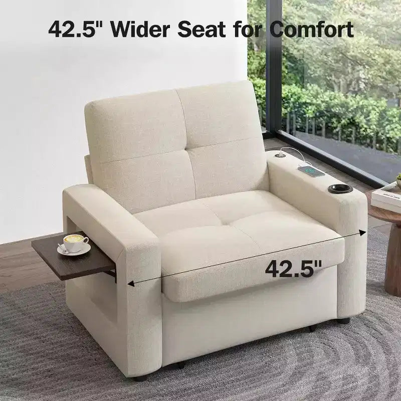 Dyonery 42.5 3-in-1 Convertible Sleeper Chair Bed - Pull Out Reclining Sofa Bed with Adjustable Backrest, USB Charging Ports, Cup Holder