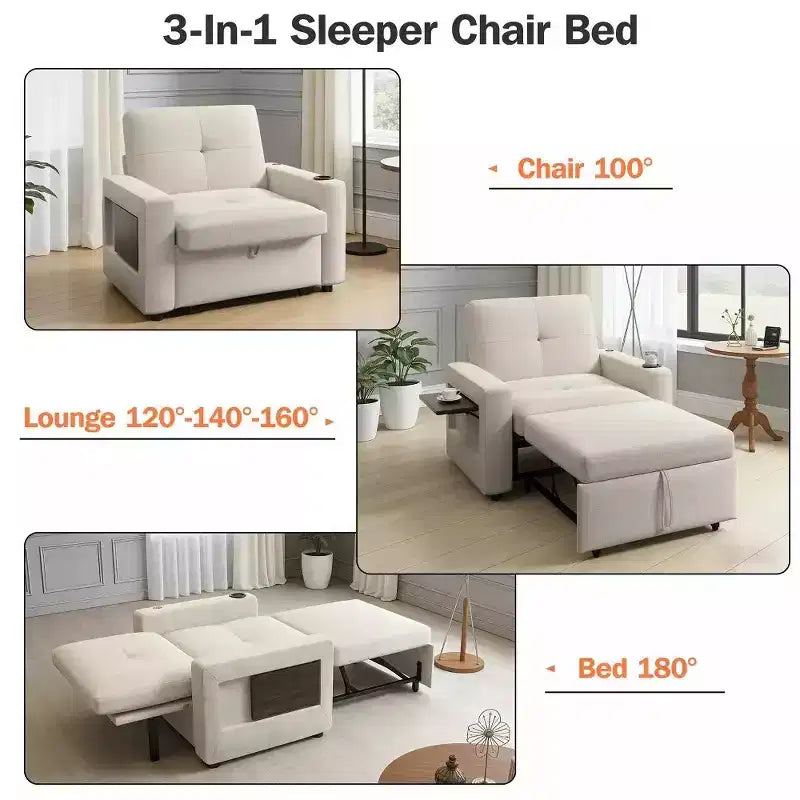 Dyonery 42.5 3-in-1 Convertible Sleeper Chair Bed - Pull Out Reclining Sofa Bed with Adjustable Backrest, USB Charging Ports, Cup Holder