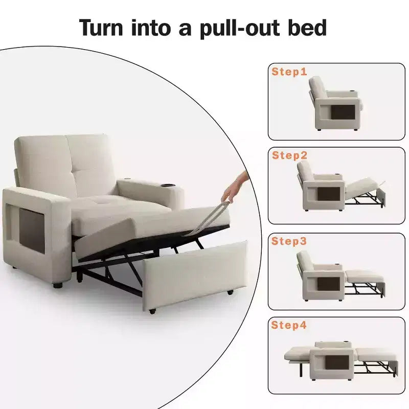 Dyonery 42.5 3-in-1 Convertible Sleeper Chair Bed - Pull Out Reclining Sofa Bed with Adjustable Backrest, USB Charging Ports, Cup Holder