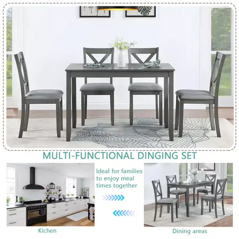 GDFStudio Loren 5-Piece Dining Set with Solid Wood Frame and Upholstered Chairs