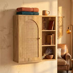 Dcolora Boho Rattan Wall Cabinet, Arched Door, Open Shelf, Bathroom Storage Unit