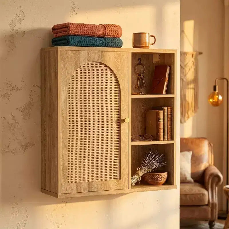 Dcolora Boho Rattan Wall Cabinet, Arched Door, Open Shelf, Bathroom Storage Unit