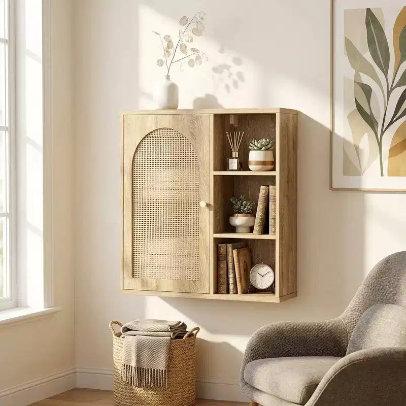 Dcolora Boho Rattan Wall Cabinet, Arched Door, Open Shelf, Bathroom Storage Unit
